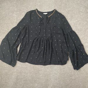 Altar'd State Shirt Womens XL Black Gold Beaded Neckline Flowy Bell Sleeves Boho
